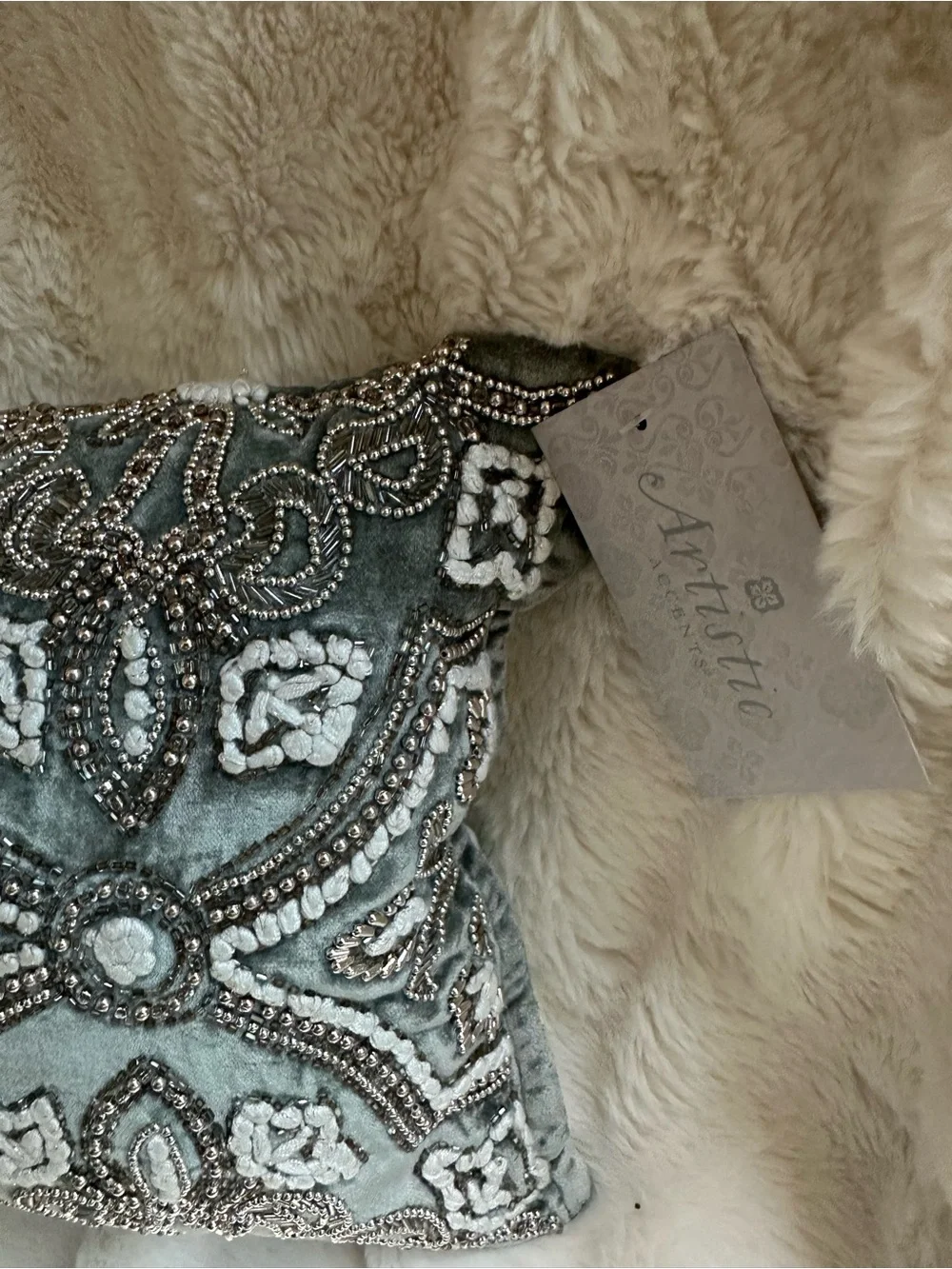 NWT Embellished Gray Velvet Lumbar Beaded Pillow Silver White Accents